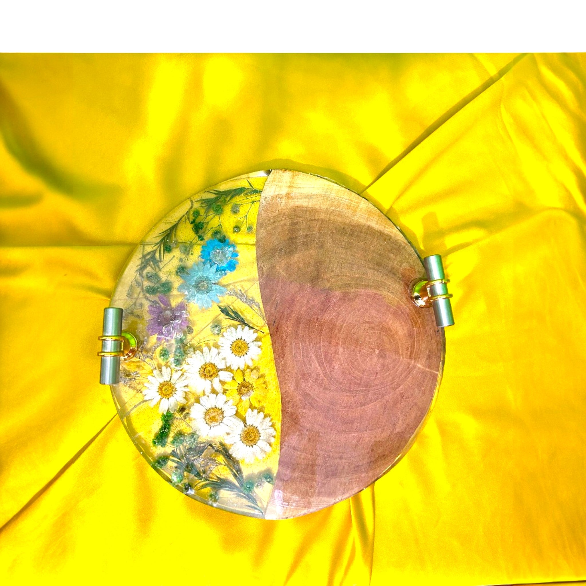 Handcrafted Round Epoxy Resin Tray half wood and half transparent with pressed flowers
