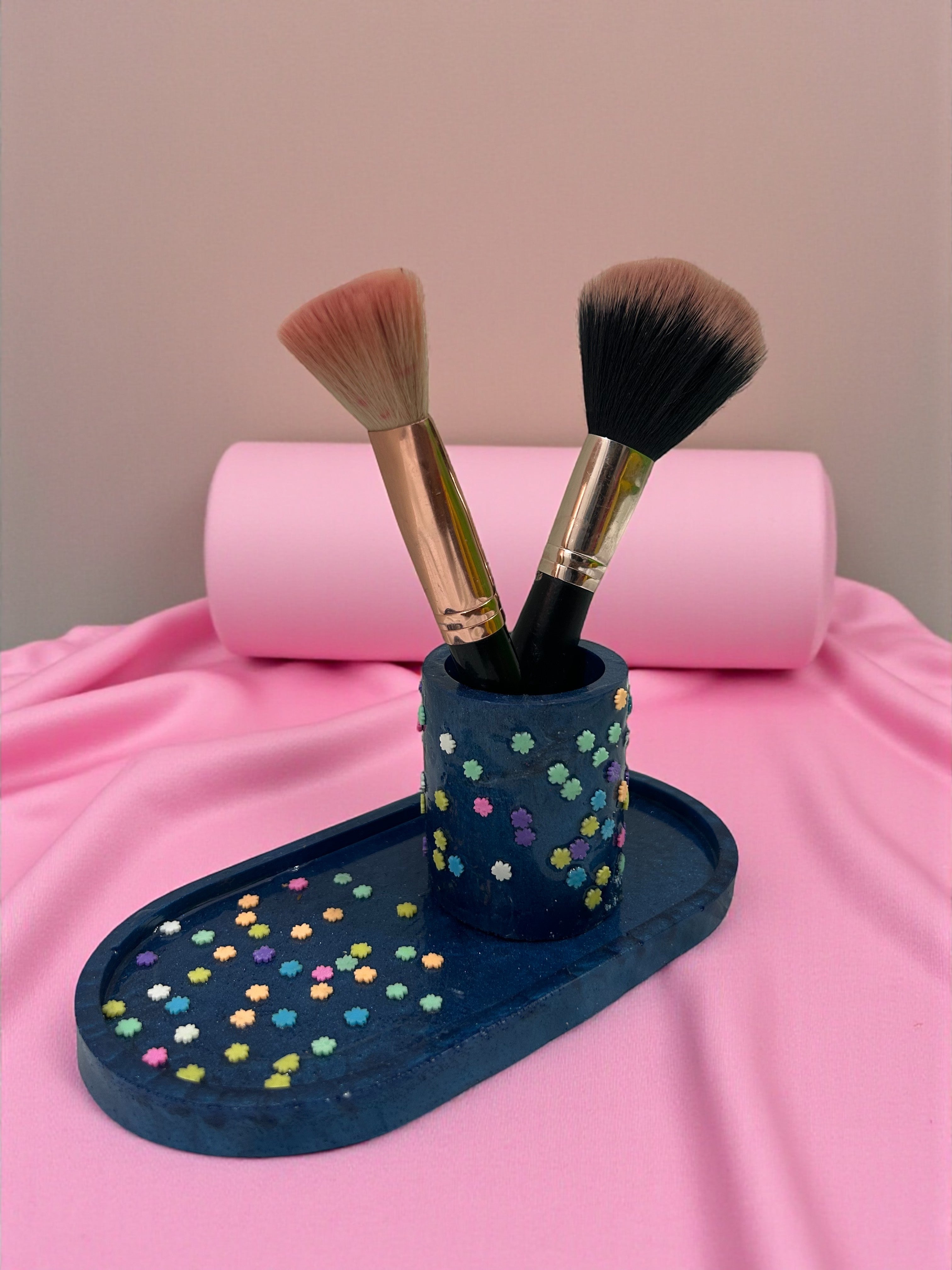 Blue Resin Oval Trinket Tray  with brush holder| Epoxy Decorative with multicolour stars Tray | Stylish Jewelry & Key Organizer
