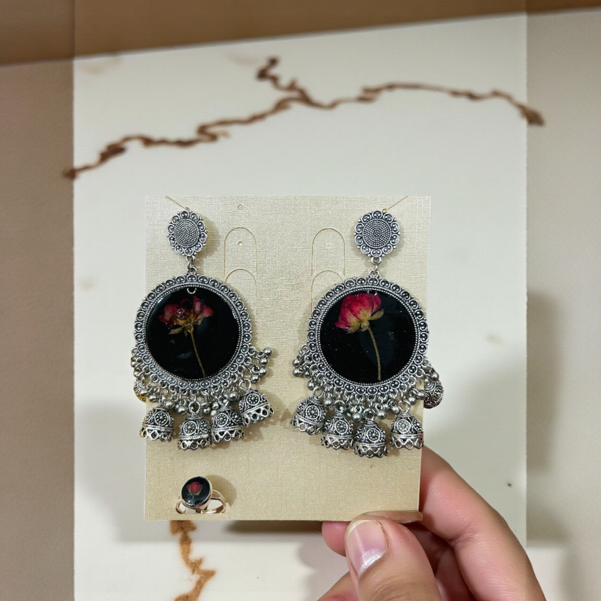 Elegant Floral Dangle Earrings with Matching Ring-Resin Large silver jhumke
