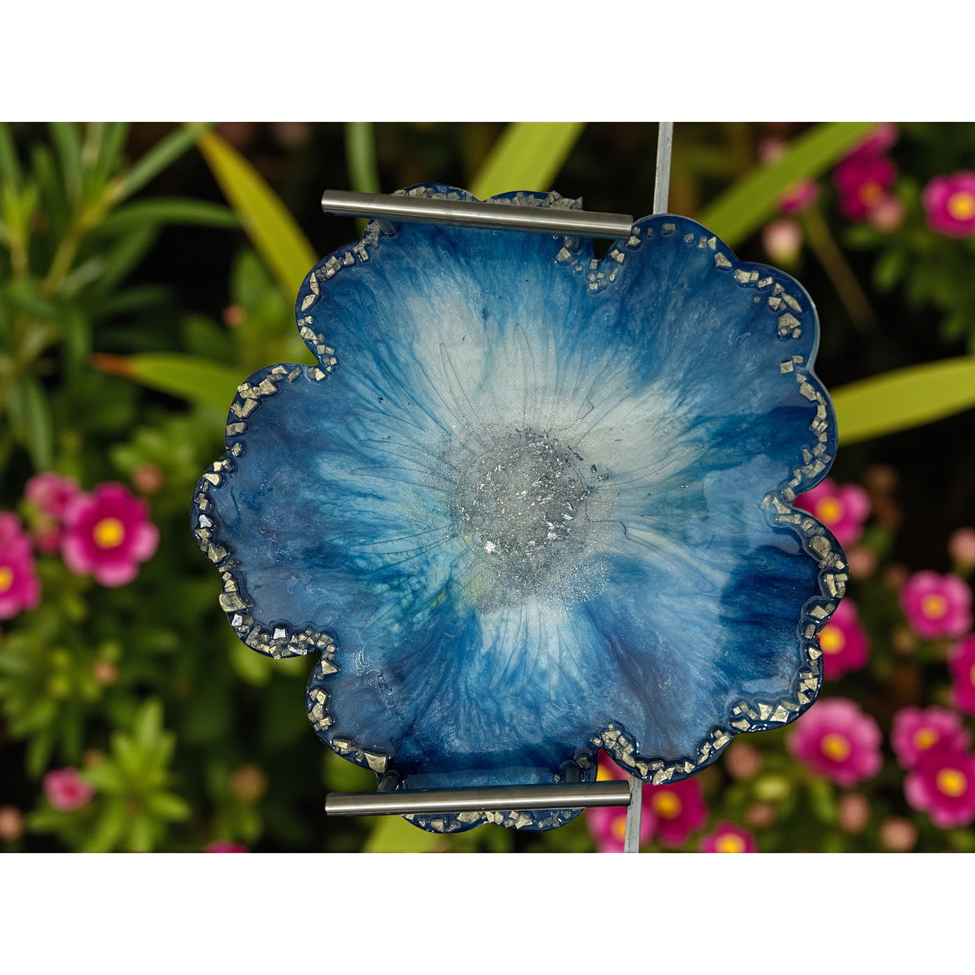 Handmade Resin Serving Tray – Blue Floral Design with Metal Handles