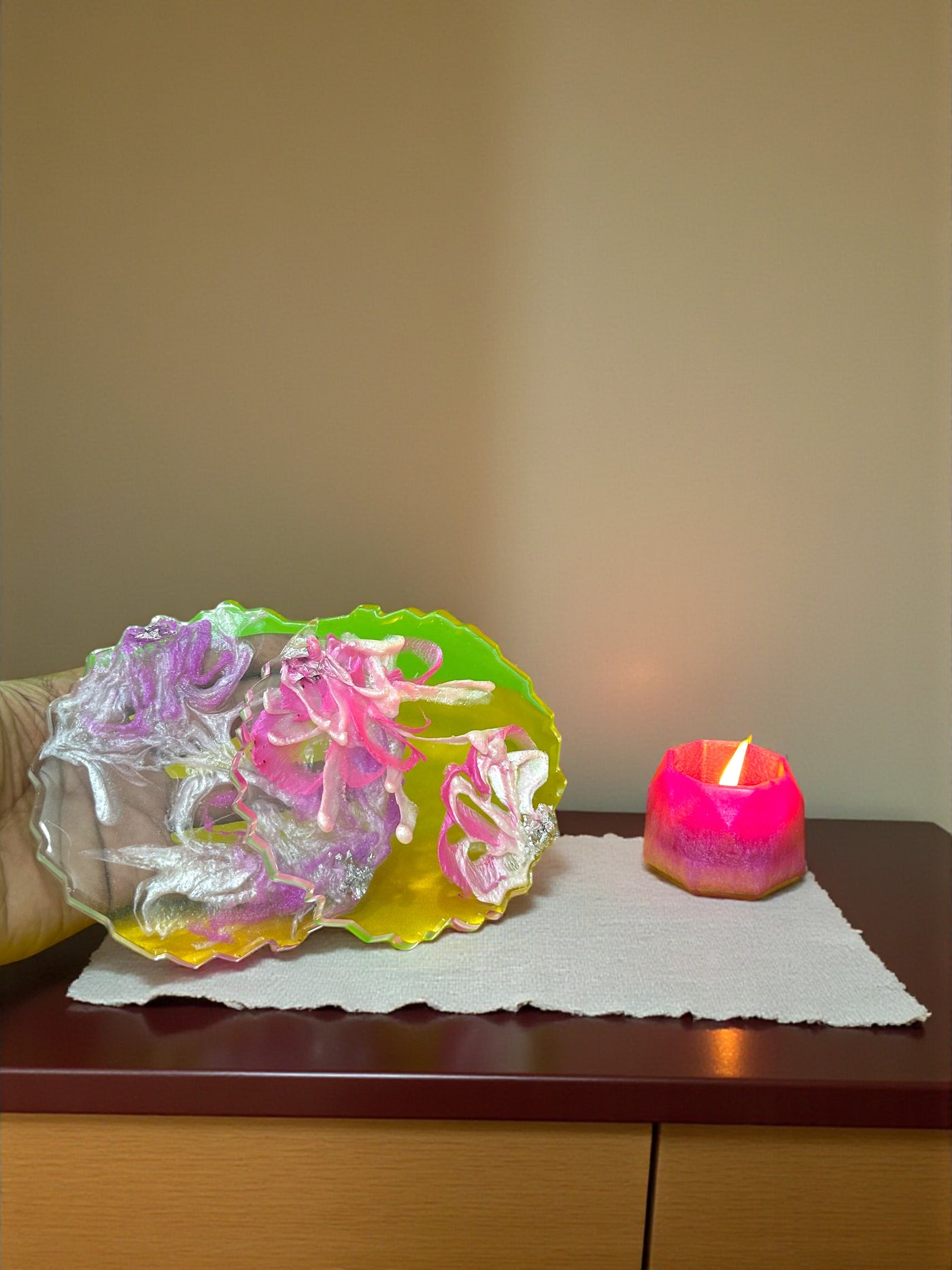 set of two Pink Sparkle flower crystal Tea coasters, handmade epoxy resin coasters, 6” diameter, light pink coaster sets of 2 with free candle